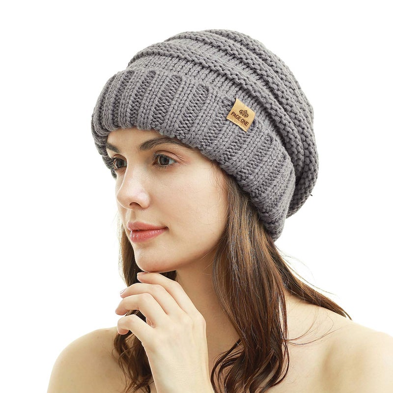 PAGE ONE Womens Winter Beanie Warm Cable Knit Hat Style Stretch Trendy Ribbed Chunky Cap Light Gray - Image 3